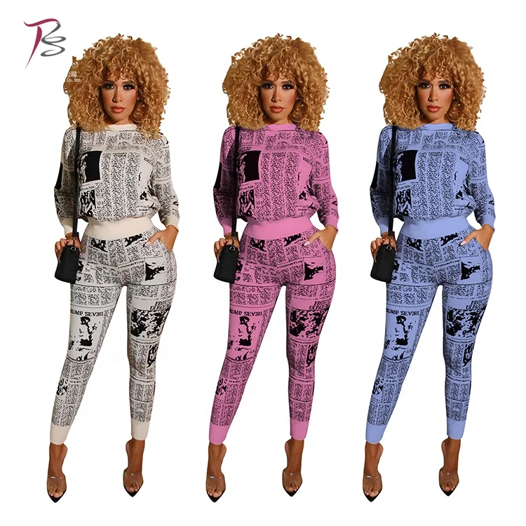 

lowest price round neck invisible zipper sheath slimming long sleeve NEWS print ladies jumpsuit 2piece sets for women, 3colors