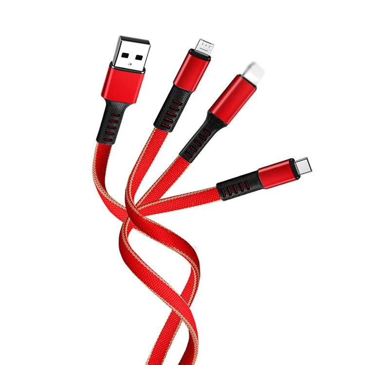 

Highly Recommended Nylon Braided Flat 3 in1 Charger Data Adapter Charging Micro USB Cable, Black /red /blue/ gold /gray