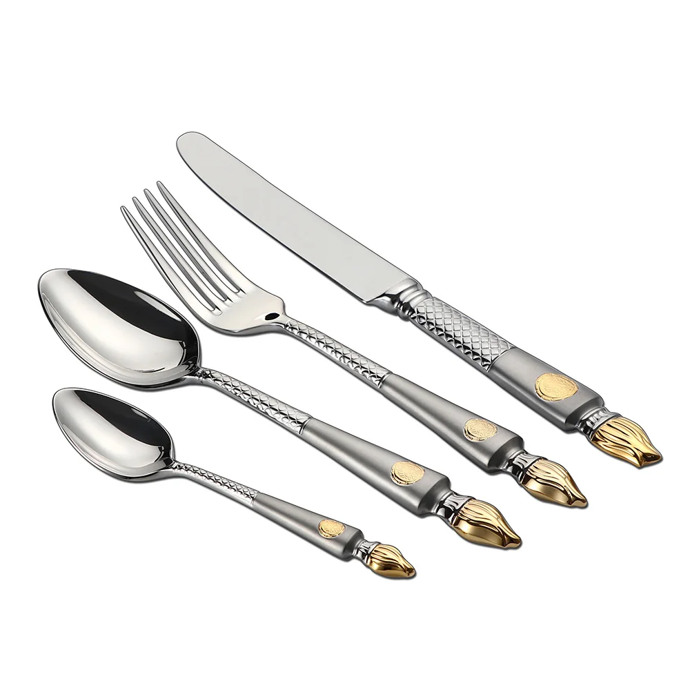 

High-End Stainless Steel Silverware 24K Gold Plated Cutlery Flatware Set, Silver