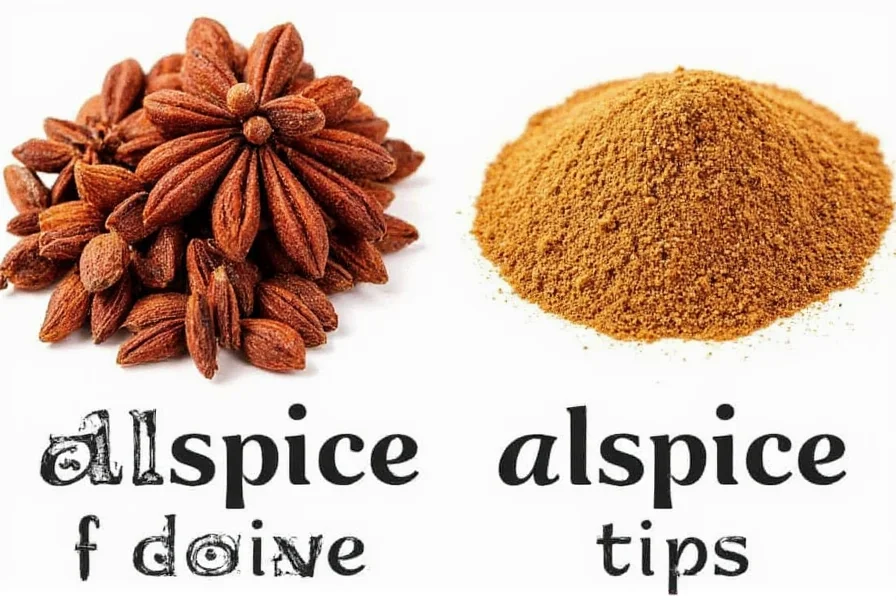 Close-up of allspice berries next to cinnamon sticks, nutmeg, and whole cloves for visual substitution reference