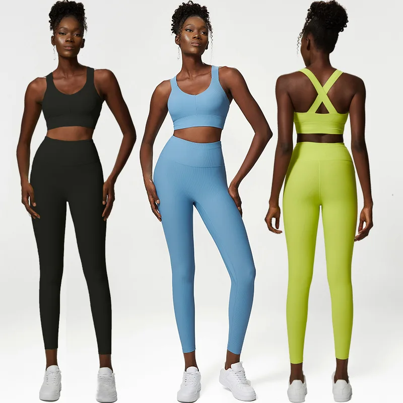 

New yoga set high waisted butt lifting workout leggings running bra women two piece ribbed fitness set, As you see or oem