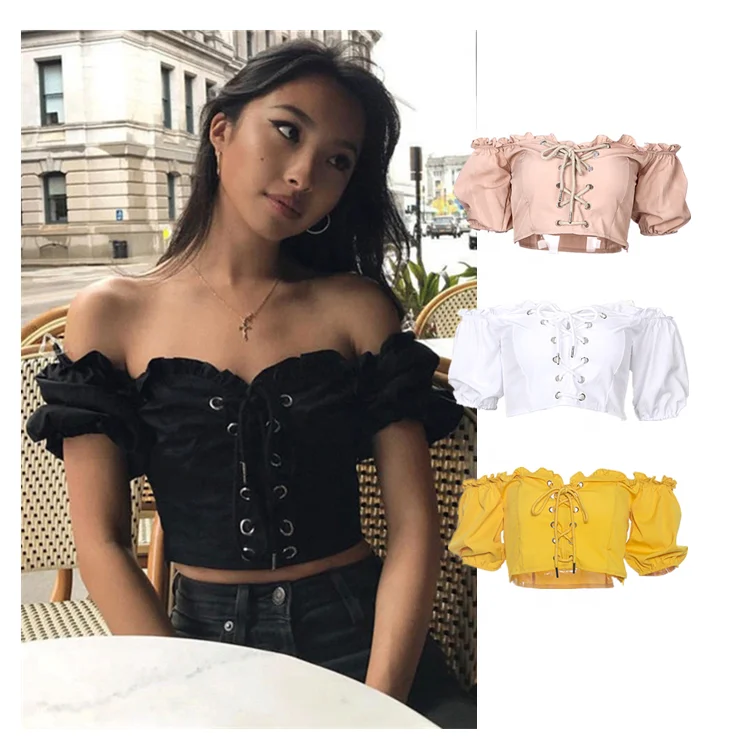

Summer One Shoulder Short Sleeve Chest Bandage Gothic Sexy Crop Top, In available