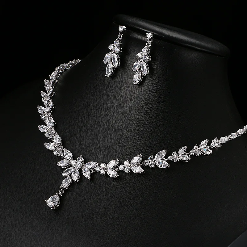 

Brilliant Cubic Zircon Necklace Earrings Wedding Bridal Jewelry Sets Dress Accessories, As pic shown