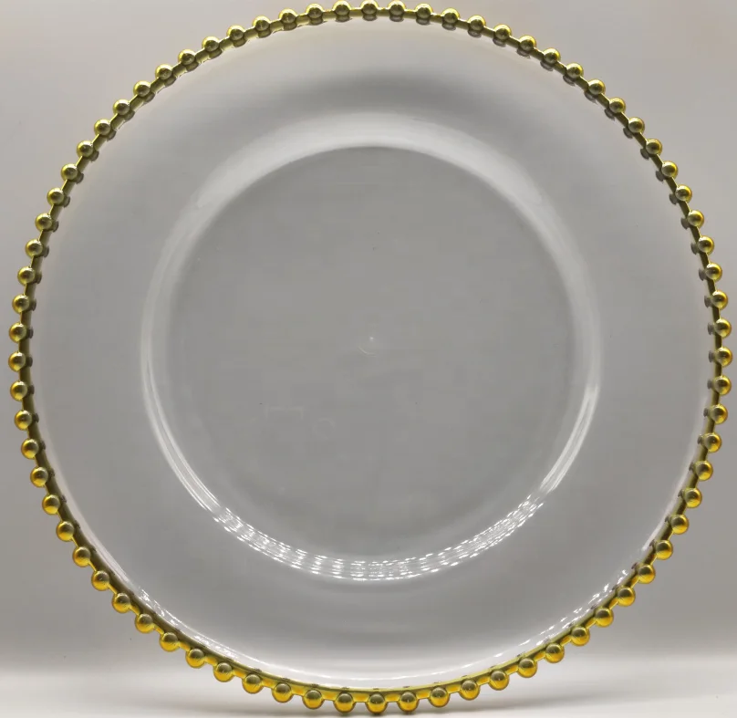 

JH05910001 Factory wholesale plastic charger plate round gold/silve rTransparent fine beads under plate