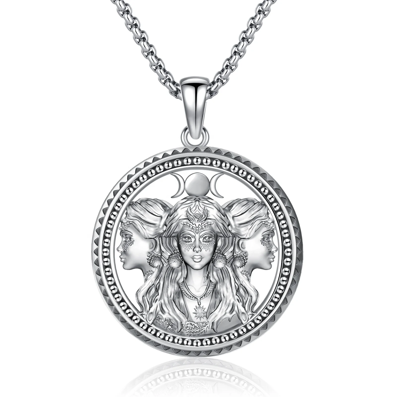 

Fine Jewelry 925 Sterling Silver Vintage Design Triple Moon Goddess Amulet Charms Pendant Necklace for Women or Men