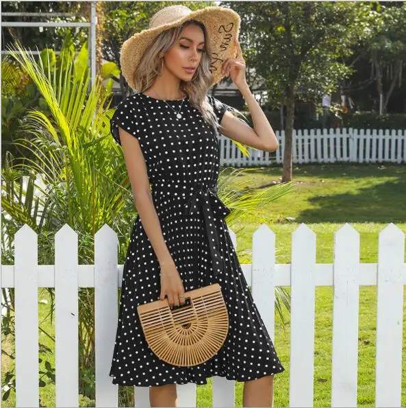 

New Fashion European American Medium -Length Polka - Dot Round Neck Short - Sleeved Tie ruffled Dress For Ladys, Picture shows