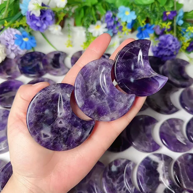 Moon Shaped Crystal Gemstone Bowls Natural Hand Carved Dream Amethyst Quartz Crystal Moon Bowls Healing Stone for Decoration