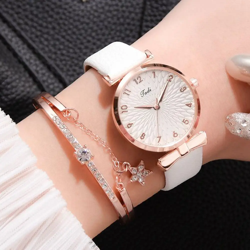 

9720 Woman Watches Bracelet Set Fashion Ladies Bracelet Watch Casual Leather Quartz Wristwatch 2pcs Set Clock Gifts