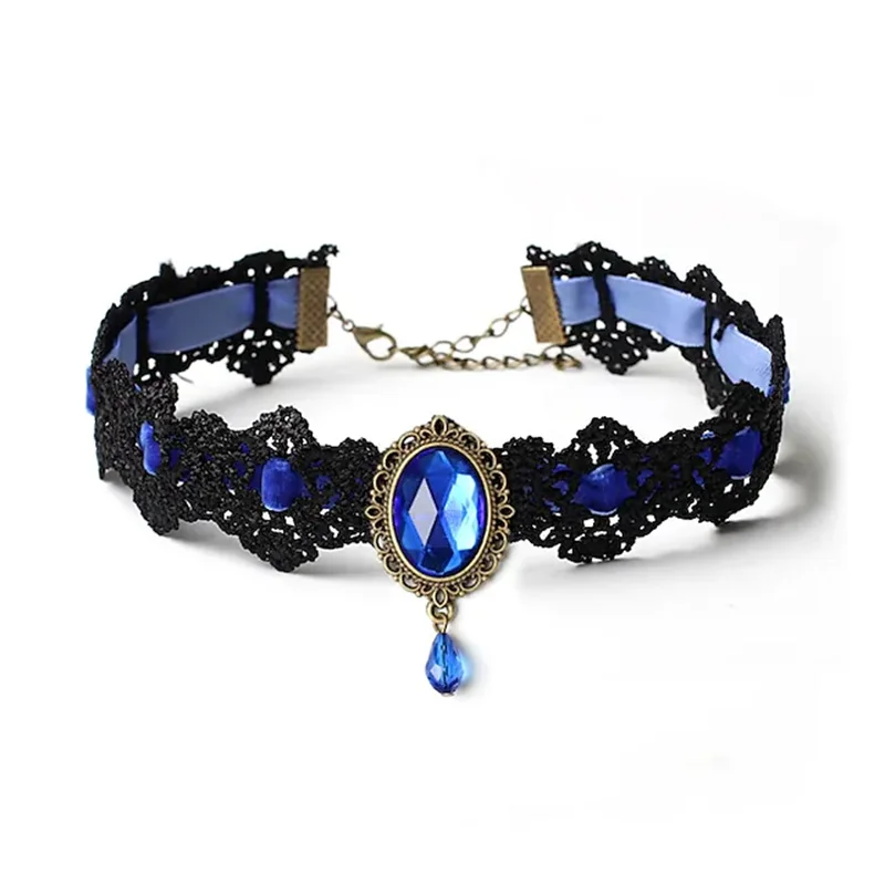 

Women's Sapphire Onyx Choker Necklace Geometrical Drop Ladies Gothic Vintage Classic Crystal Lace Red Blue Black Necklace Jewelr
