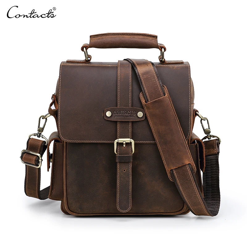 

CONTACT'S Color Changeable Men Crossbody Long Shoulder Straps Thick Pad Crazy Horse Leather Messenger Bags for 10.5 ipad Bolsa, Coffee or customized
