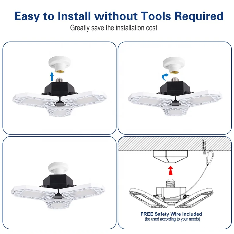 
Valed 60W ETL LED Garage Lights 6000 Lumens Adjustable Trilights Garage Ceiling Light Deformable LED Garage Light 