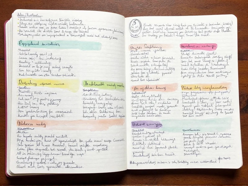 Handwritten craft thesaurus notebook with color-coded sections