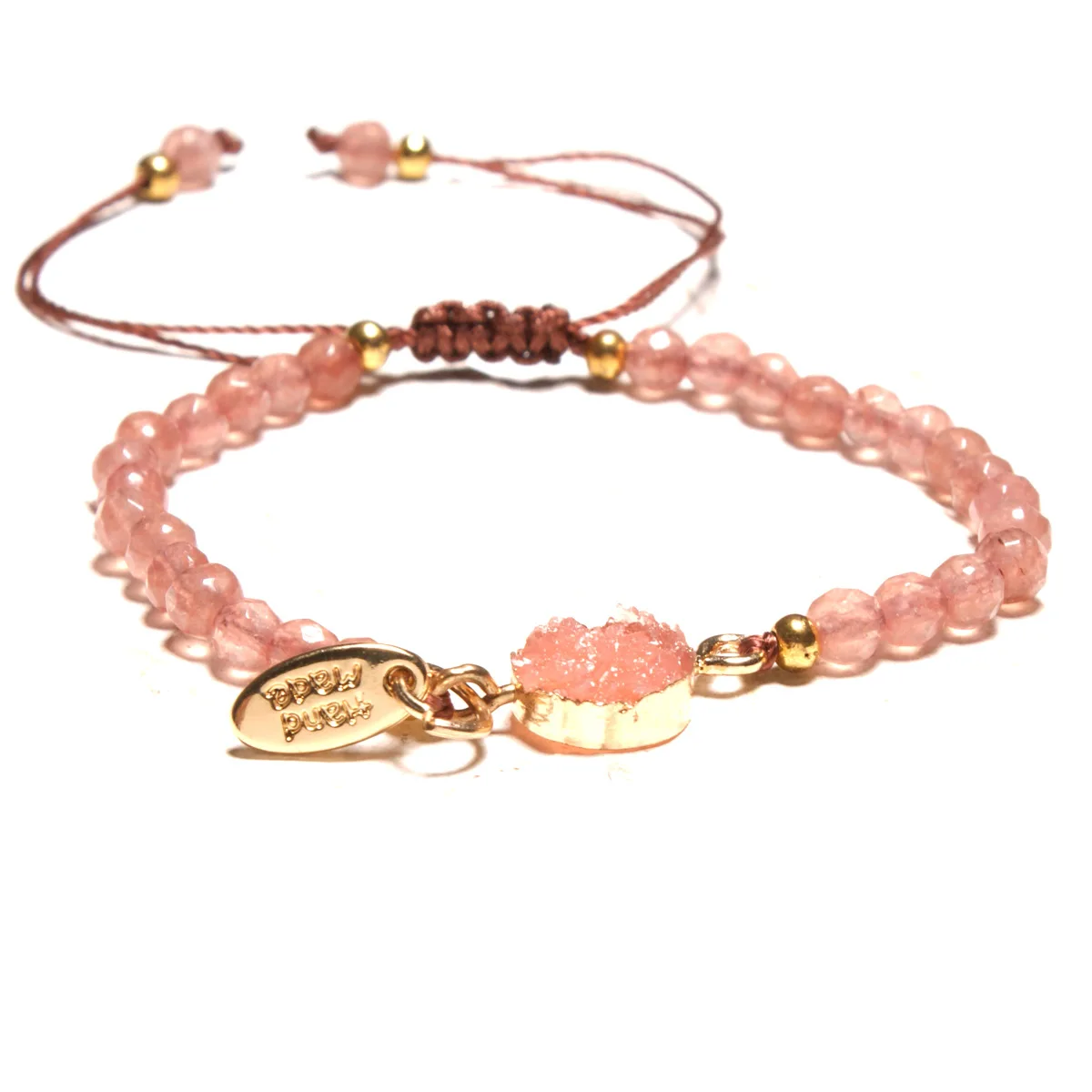 

Adjustable woven red cord pink crystal natural stone beaded bracelet, As pic