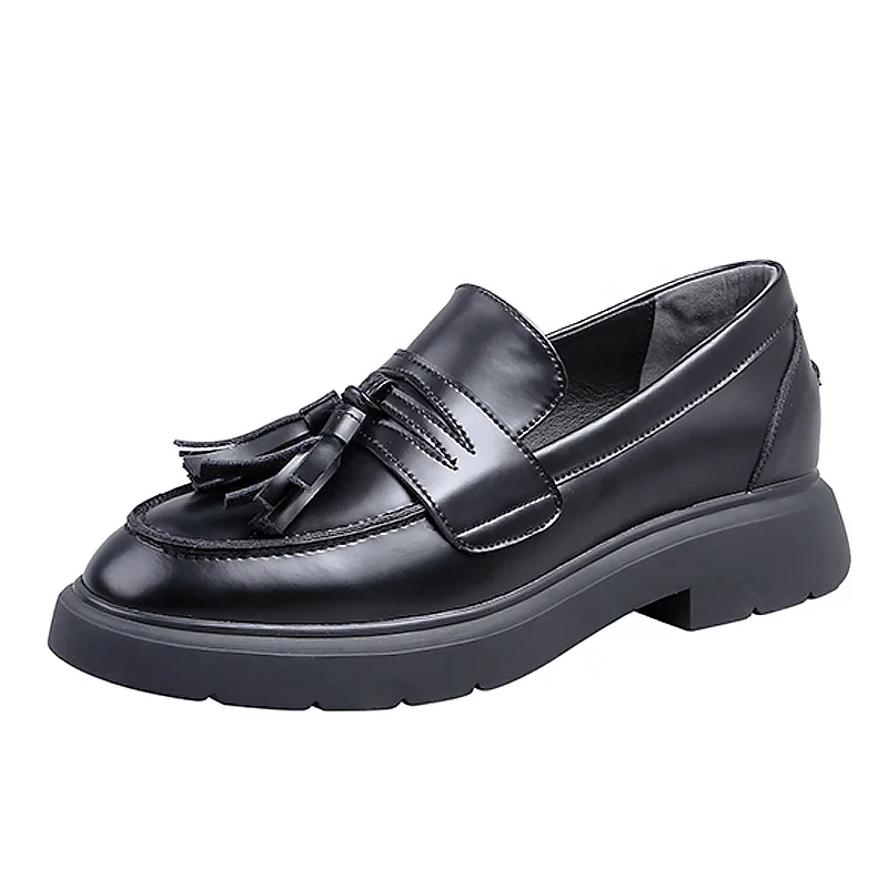 

2021 Street fashion lady loafers shoes black genuine leather flats women ladies casual shoes footwear