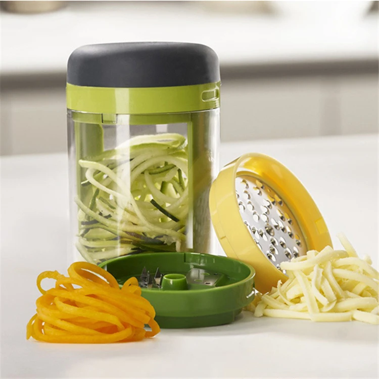 

Newest 2022 Kitchen 3 in 1 Spiralizer Mixer Cutter Rotary Manual Shredder Potato Vegetable Slicer Grater With Container Cup, As picture or customized