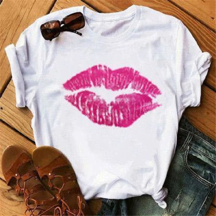 

2021 ladies red lips print T-shirt round neck short sleeve ladies T-shirt all-match white print T-shirt