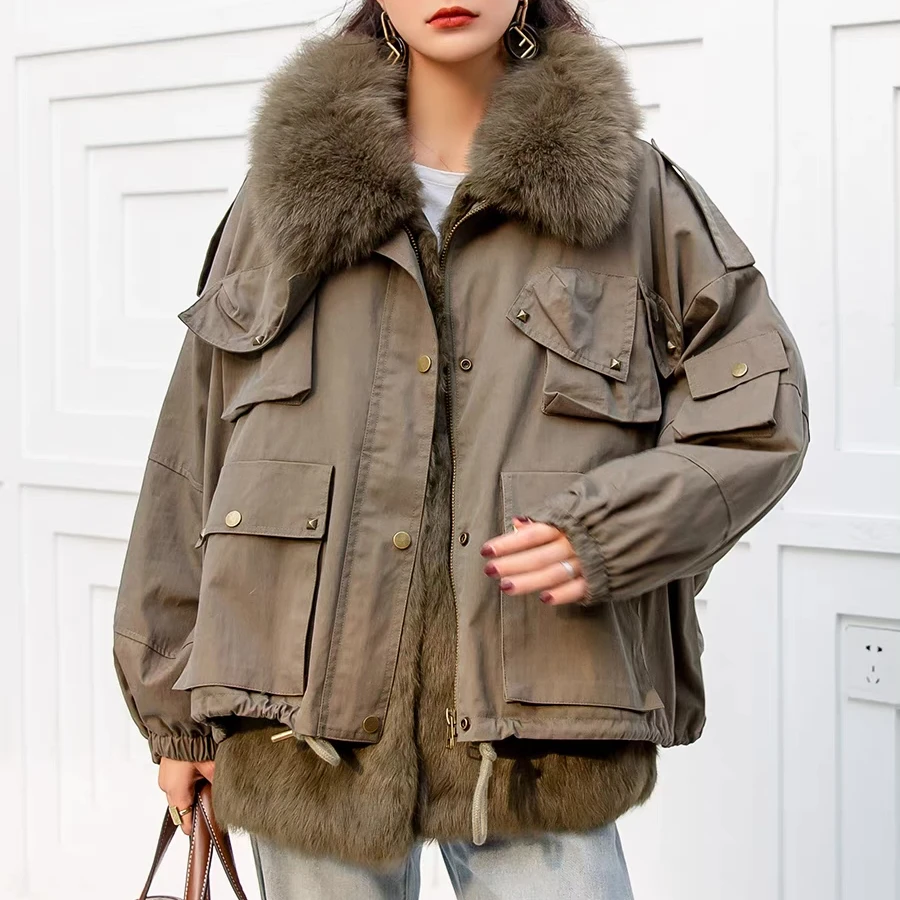 

QIUCHEN QC20116 Fashion Coat Fur Jacket Women Raccoon Lined Fox Fur Parka, Green,beige,black