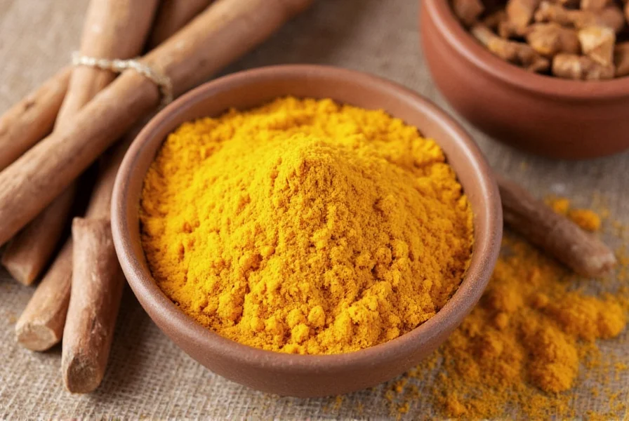 Turmeric root and powder on wooden background