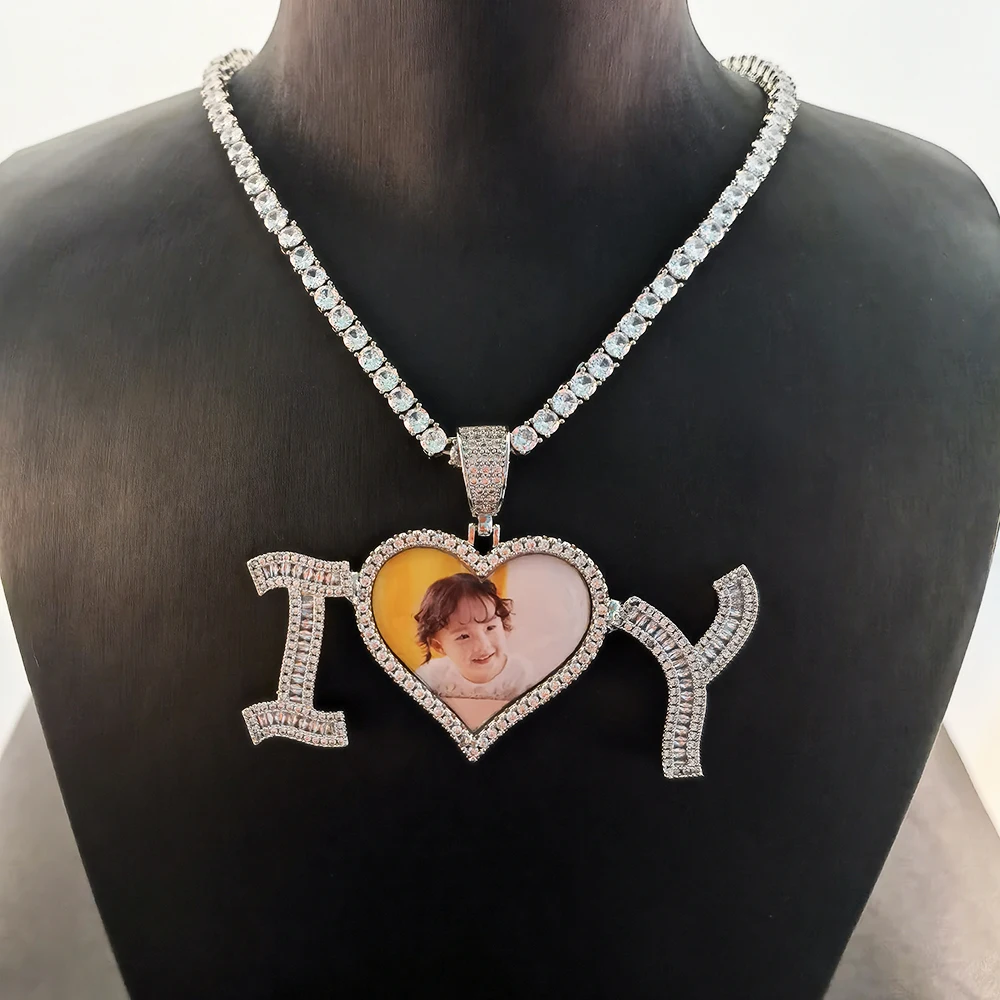 

Hip Hop Jewelry Custom Picture DIY letters I Y Love Pendant Necklace Men Fashion Photos Pendant Crystal Necklace