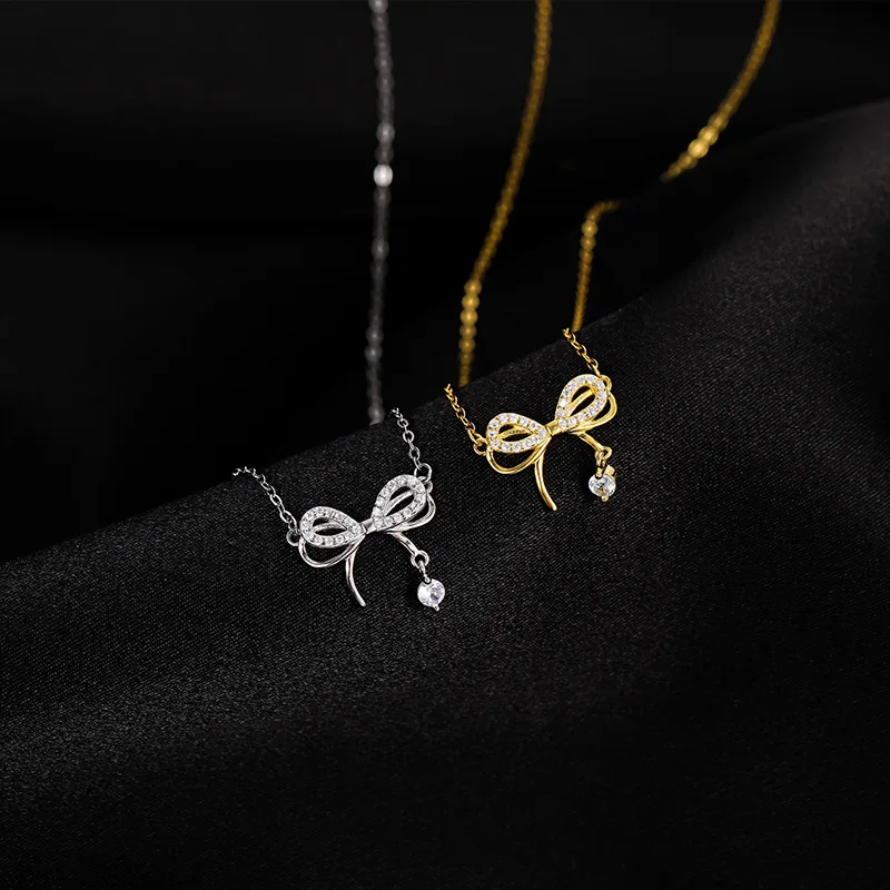 Wholesale Fashion Jewelry 925 Sterling Silver Bow Zircon Dangling Gold Plated Clavicle Necklaces Jewelry for Women