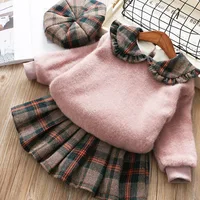 

Good quality beige winter plush sweater and velvet plaid skirt set