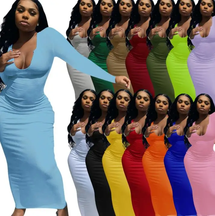 

stock fall casual dress long women clothing spring solid color plain long sleeve long dress wholesale clothing