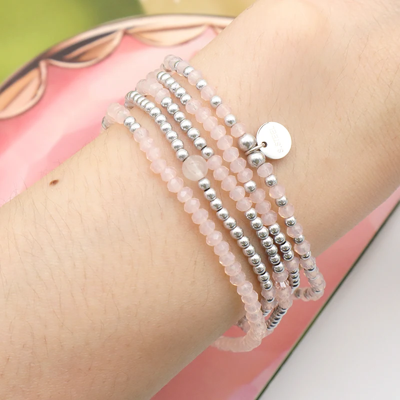 

Wholesale 2021 trendy woman Custom jewelry set handmade pink glass crystal bracelets charms beads bracelets set, Silver