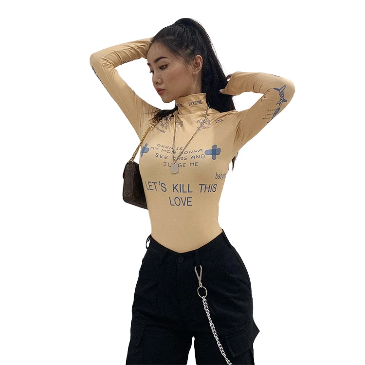 

Wholesale Autumn New Arrival Basic Slim Female Fashion High Neck 1 Piece Floral Women Longsleeve Bodysuit