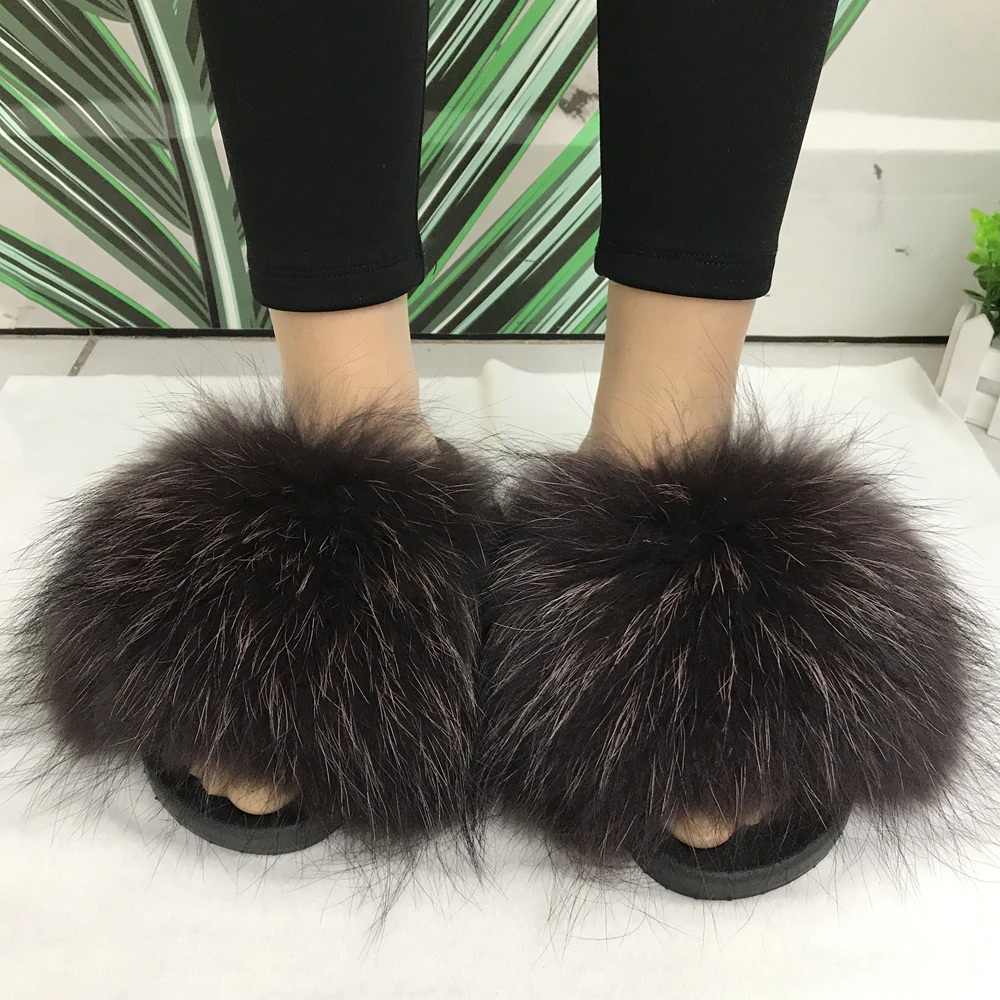 

Ready to ship whosale beautiful raccoon fur slides, Customized color