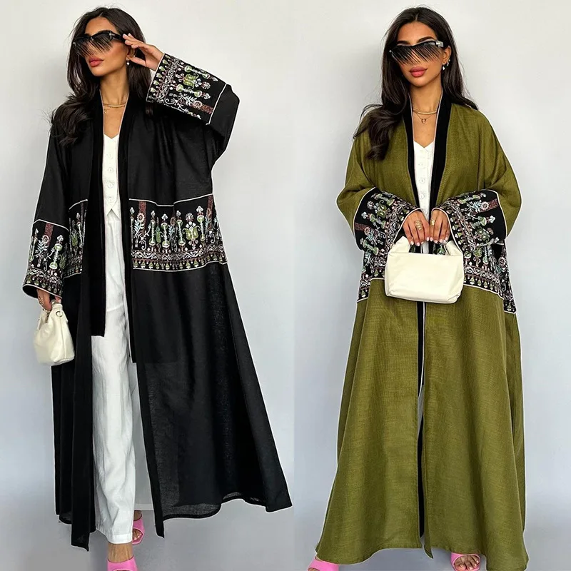 New Eid Saudi Arabia Hot Selling Open Abaya Women Muslim Dress Embroidery Abaya Women Muslim Dress Linen Abaya