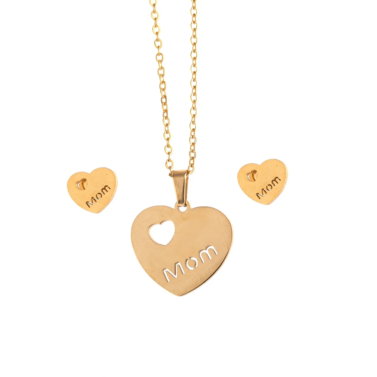 

Stainless steel gold necklace earring set Gift Stainless Steel Charm Heart MOM letter Earring Necklace Jewelry Set
