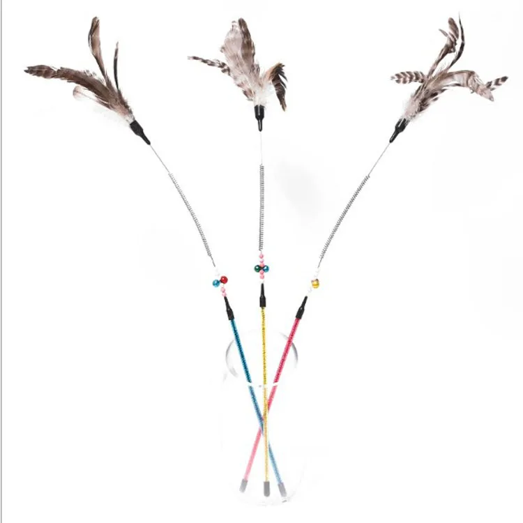 

Hot Sale New Pet Products Other Pet Toy Kitt Toy with Feather and Bell &Spring Cats Feather Stick Cat Charmer Wand Cat Teaser, Customize