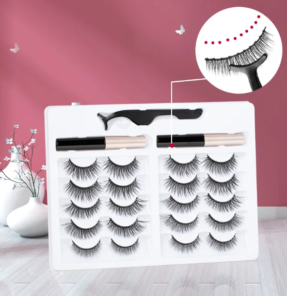 

New style in stock 10 magnetic 10 pairs of liquid eyelash set full strip mink eyelash lashes, Black color