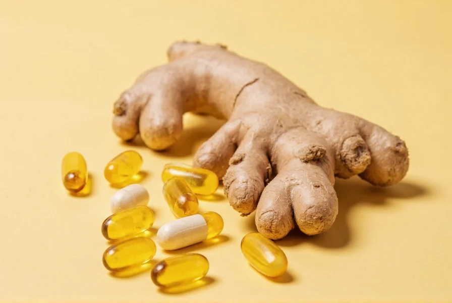 Close-up view of ginger root next to ginger pill capsules showing natural versus processed forms