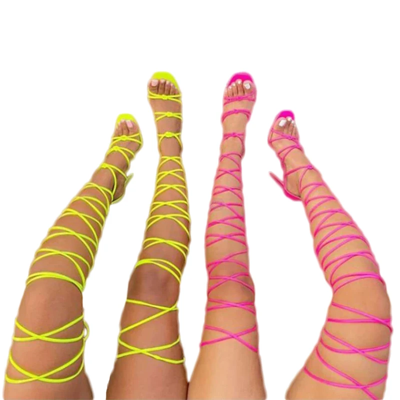 

11cm Street Party Women Heels Shoes Sexy Ladies Sandals Roman High Heel Square Head Cross Strap Ankle Wrap Ladies Summer Sandals