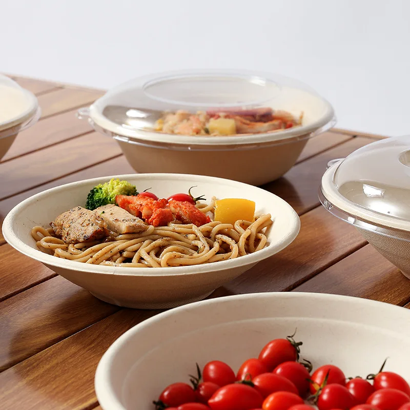 MU Round Sugarcane Paper Bowl Paper Box 24OZ 32OZ 40OZ Take Out Food Packing Container Lunch Box