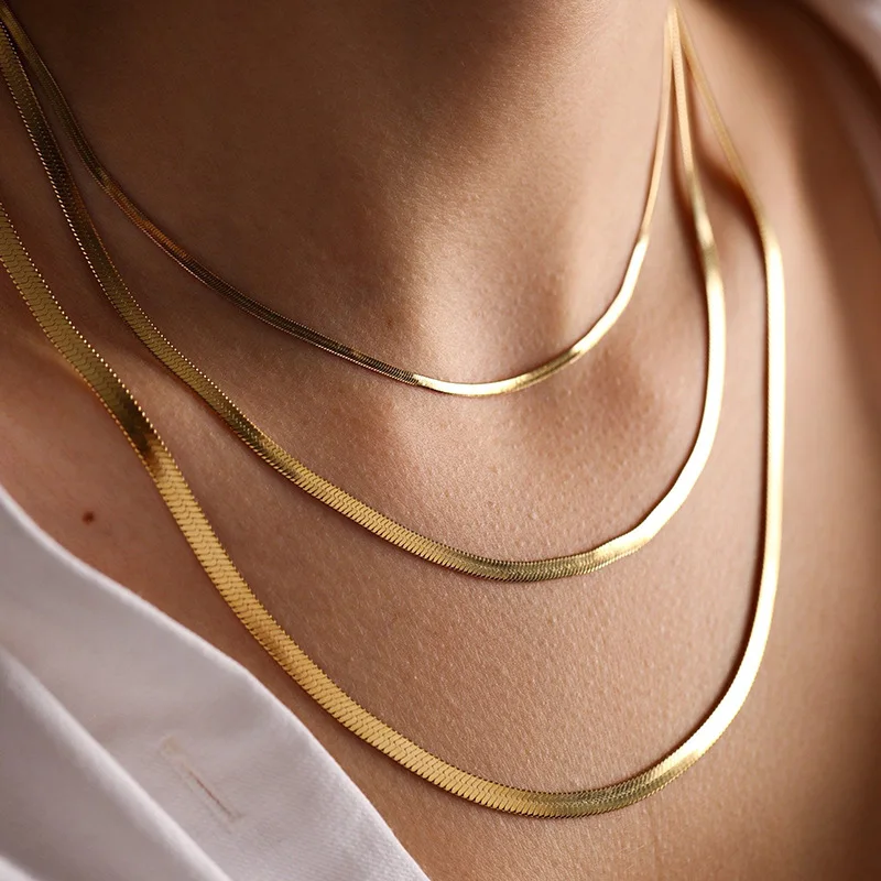 

Trendy 18k Gold PVD Plated 316L Stainless Steel Necklace 3mm 4mm 5mm Snake Chain Necklace Tarnish Free Summer Necklace