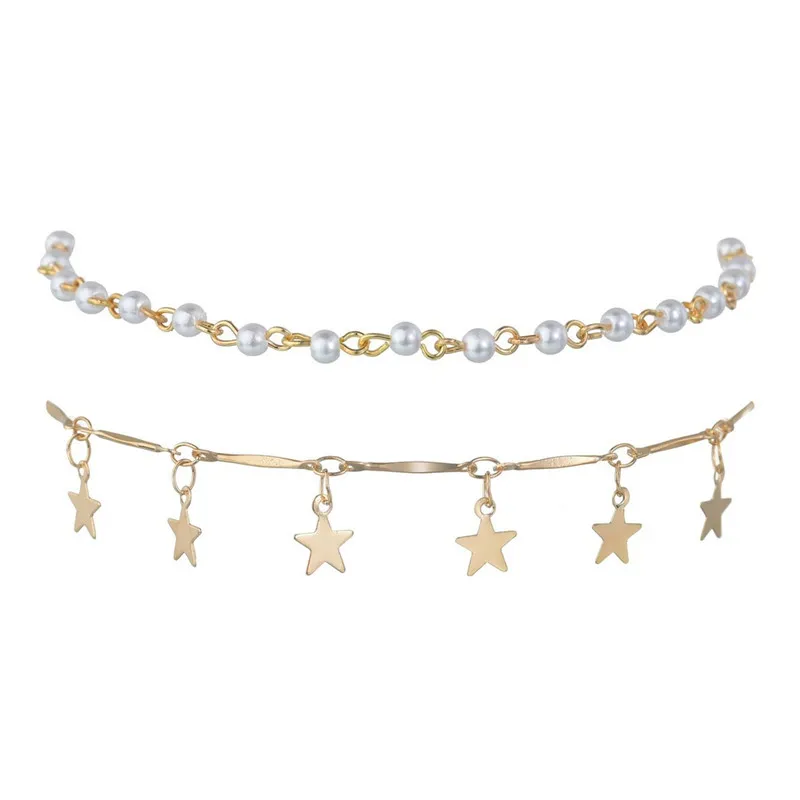 

Simple retro curved needle pearl metal five-pointed star long sequin double layer anklet