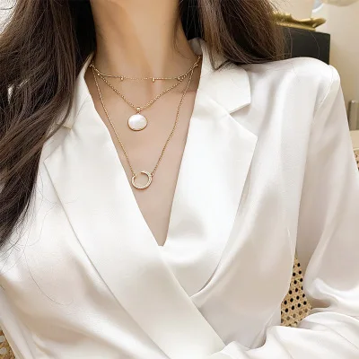 

Super September Creative Design White Round Opal Pendant Necklaces Multilayer Shiny CZ Moon Pendant Necklaces