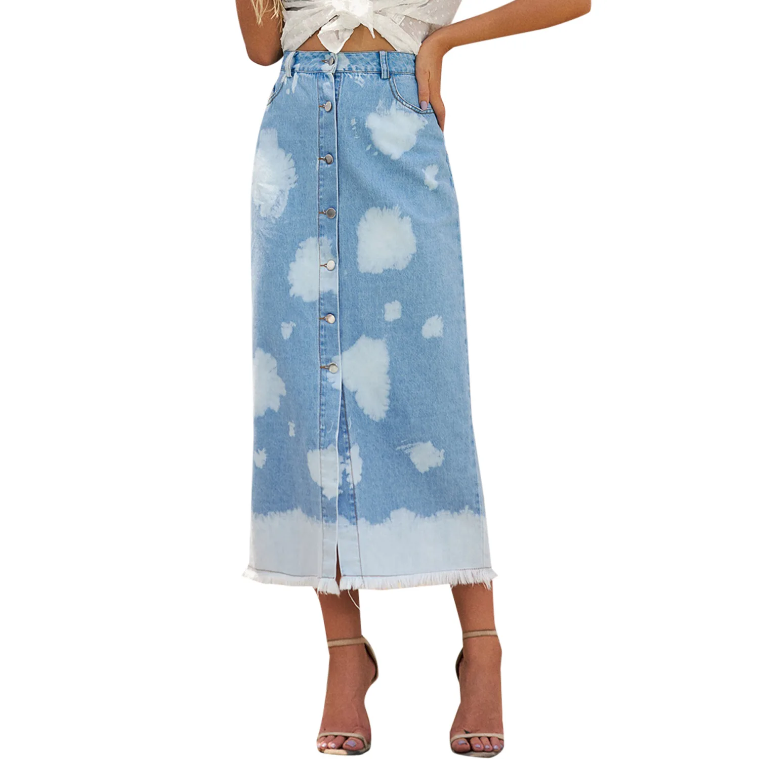 

High Waist women sexy long jeans skirt casual tassel Ripped denim skirts