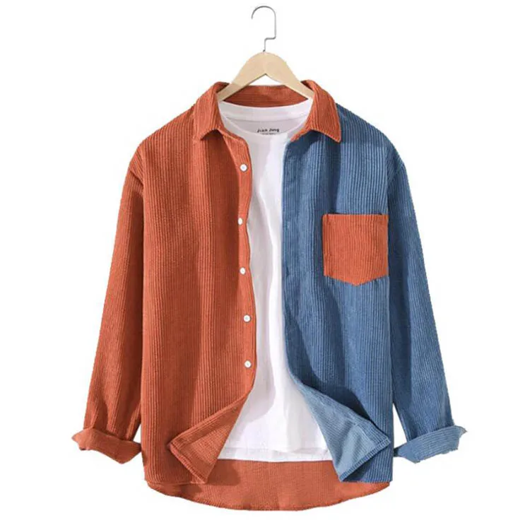 

Autumn Mens Contrast Patchwork Shirt Casual Corduroy Youth Premium Top Streetwear Men Lapel Pocket Long Sleeve Shirt
