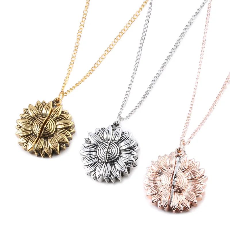 

Sunflower Flower Can Open Double Lettering Alloy You Are My Sunshine Pendant Necklace