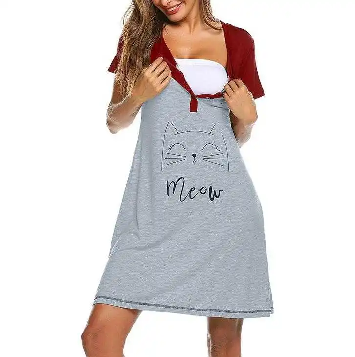 

2020 new product Women's Breastfeeding O-neck Button Dress Short Sleeve Maternity Print Pregnant woman Dress, Blue gray