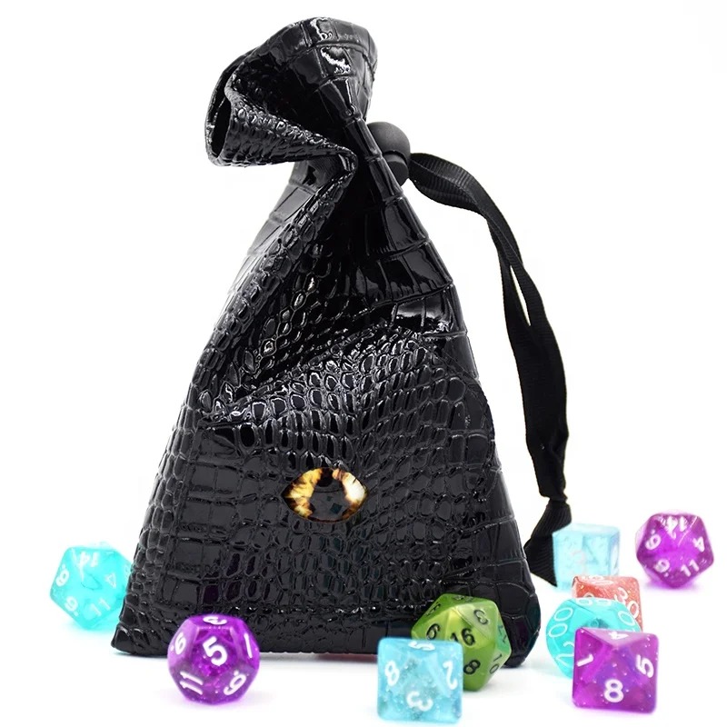 

Free sample Wholesale custom logo mini drawstring black PU leather Dragon dice bag