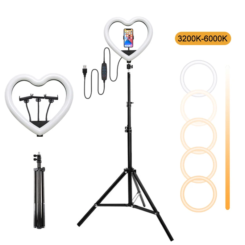 

wholesale 10/13 inch 3200K-6000k led heart ring light with 160cm tripod stand dimmable for photographic lighting