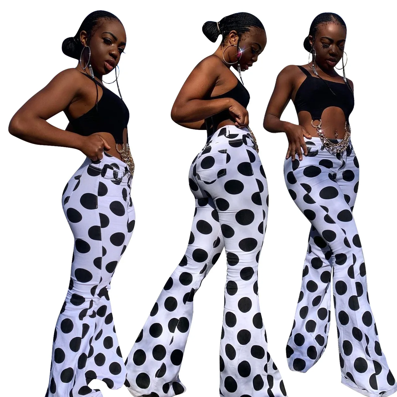 

FE169 Latest design wholesale dropshipping fall women's pants & trousers full length flare pants dot printed women's trousers