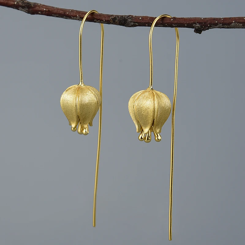

Real 925 Pure Sterling Silver Tulip 18k Flower Drop Earrings Fine Jewelry