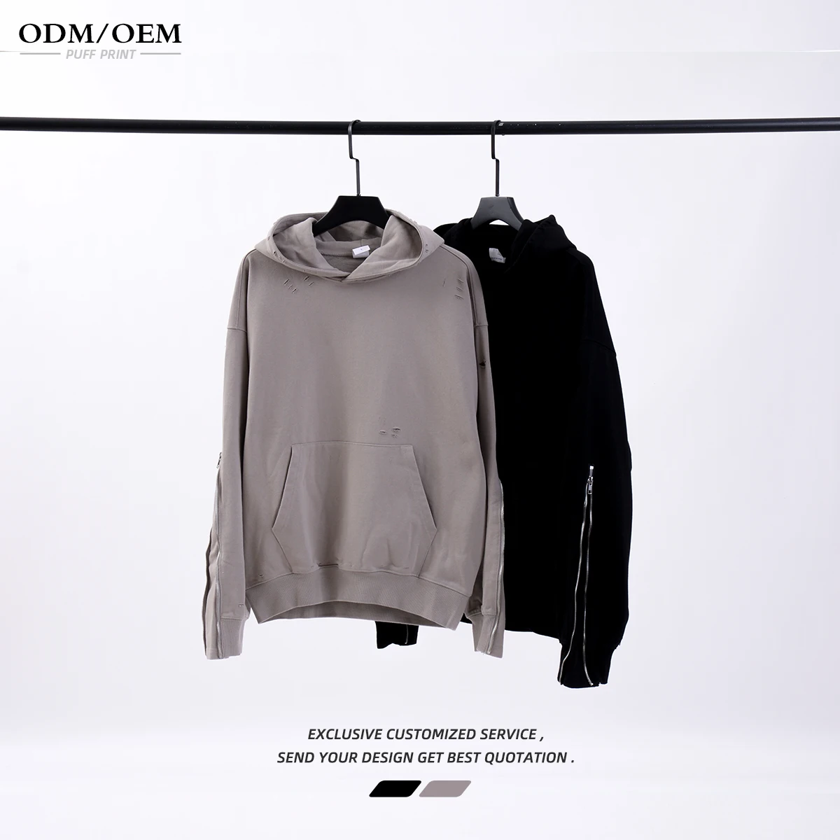 Cotton Heavyweight Acid Wash French Terry Distressed Zipper Sleeve Hoodie