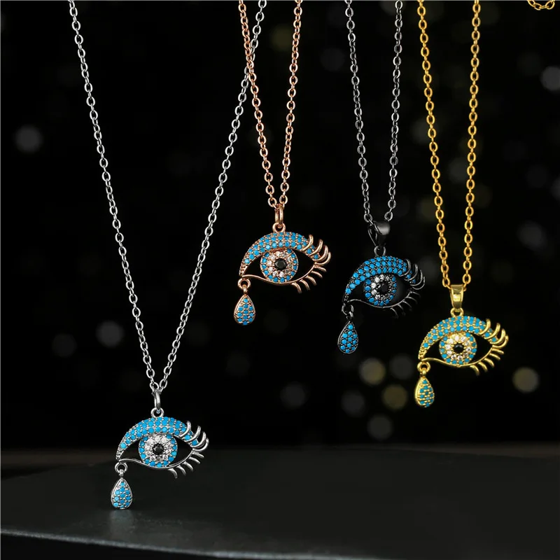 

American Hot Sale Trendy Colorful Micron Zircon Demon Eyes Creativity Geometry Evil Eyes Turkish Eyes Pendant Necklace For Women, Gold