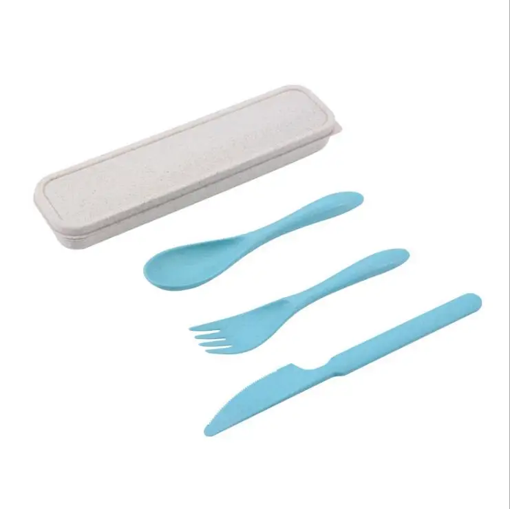 

Hot-selling Portable Biodegradable Reusable Spoon Fork Set Eco-friendly Wheat Straws Cutlery Set with Box, Green,pink,blue,natural color